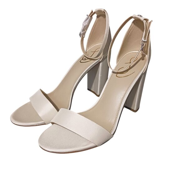 NEW Sam Edelman Yaro Block Heel Evening Sandals Ivory Satin Size 9 - Picture 1 of 13